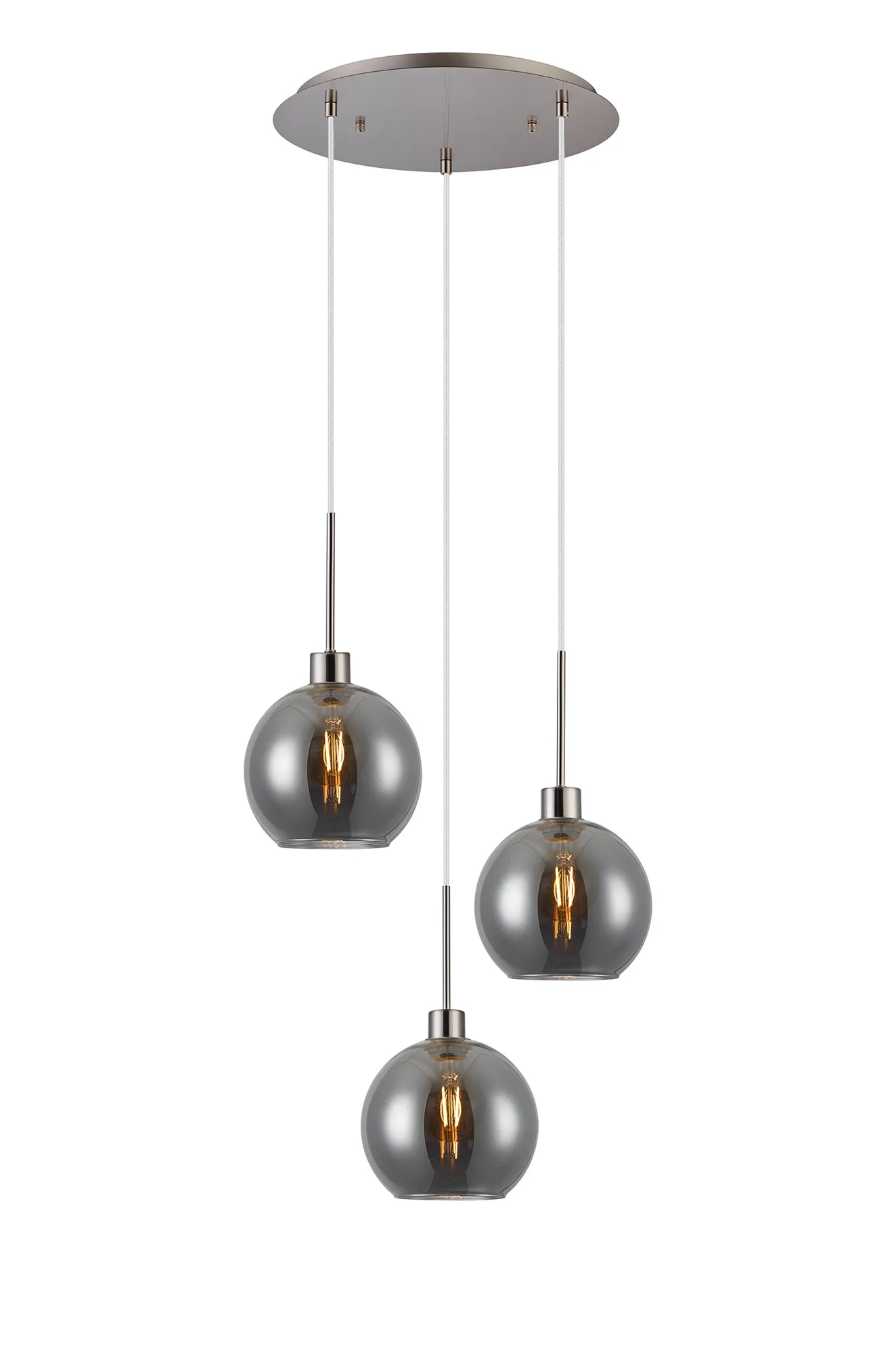 DK1367  Lori 40cm Round Pendant, 3 Light Adjustable E27, Satin Nickel/Smoke Open Mouth Round Globe Shades